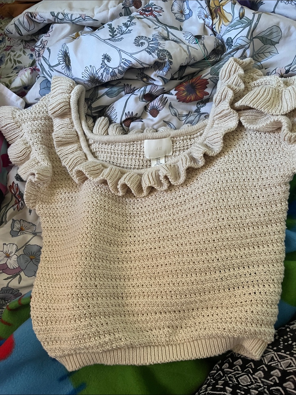 H&M Cream Ruffle-Trim Crochet Knit Top